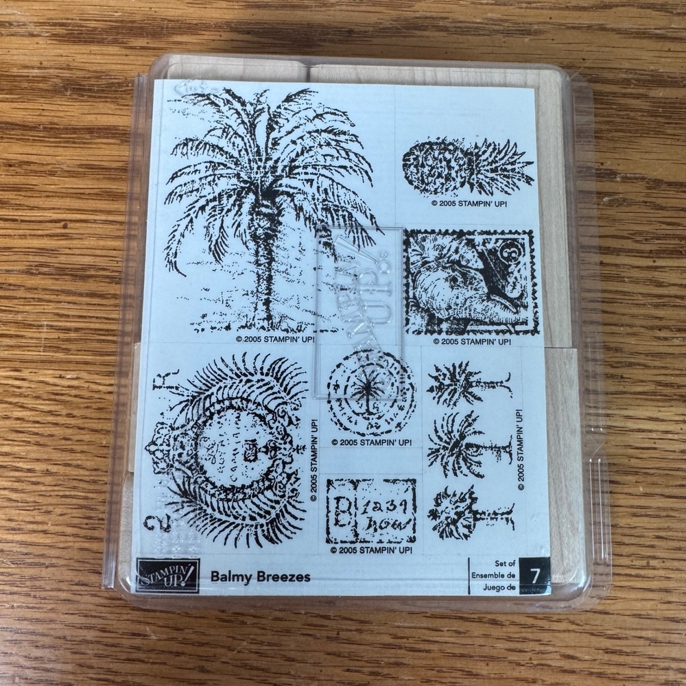 Stampin Up Balmy Breezes Wood Mount Rubber‎ Stamp Set of 7 Tropical Palm Trees